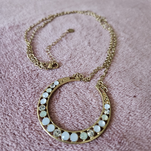 TanJay Jewelry - Gold Horseshoe Necklace Aqua, Opal Diamond Stones -TanJay